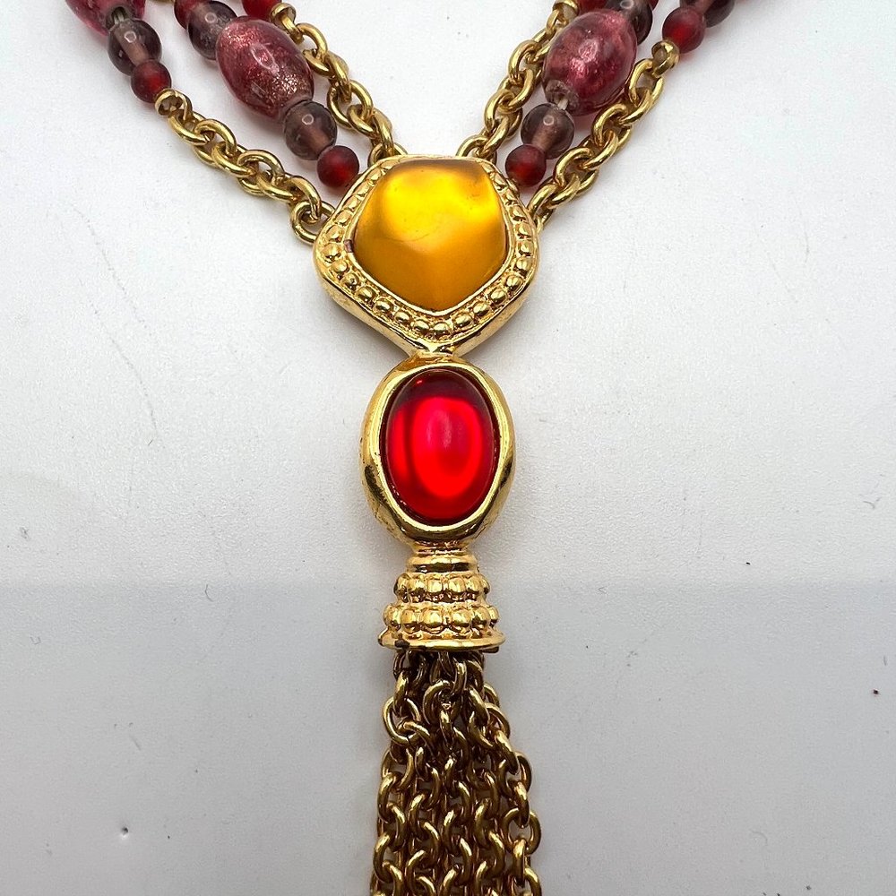 Monet Vintage Triple Strand Glass Bead Accent Tassel Necklace - Picture 3 of 6